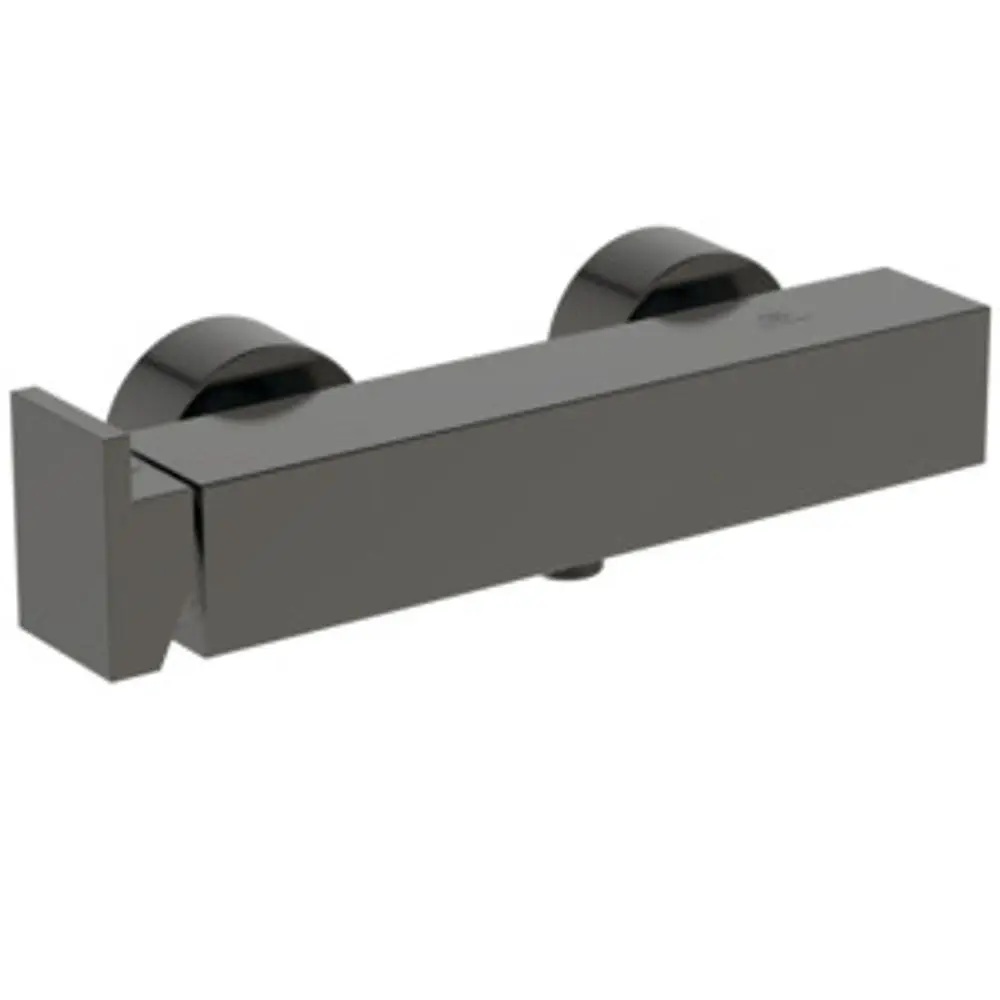 Brausearmatur in mattem Grau von Ideal Standard, rechteckiges Design mit zwei runden Bedienelementen. Geeignet für die Wandmontage in Badezimmern.